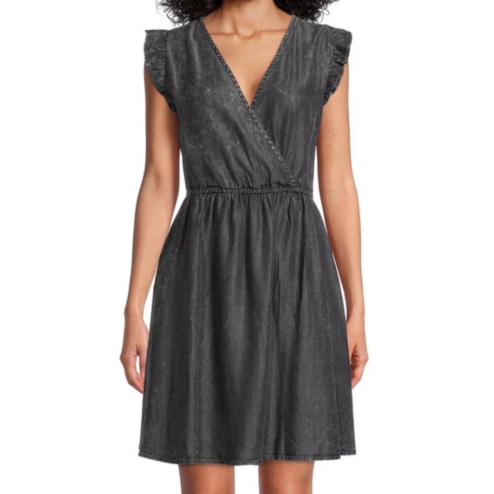 Time and Tru Women's Black Denim Surplus Flutter Sleeve Mini Dress, size L NWT